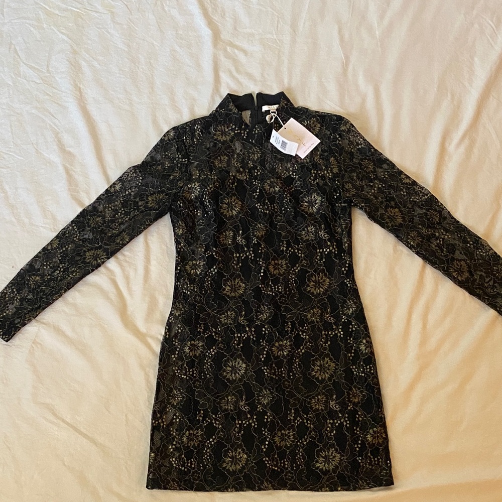 Wayf Black and Gold Lace Dress